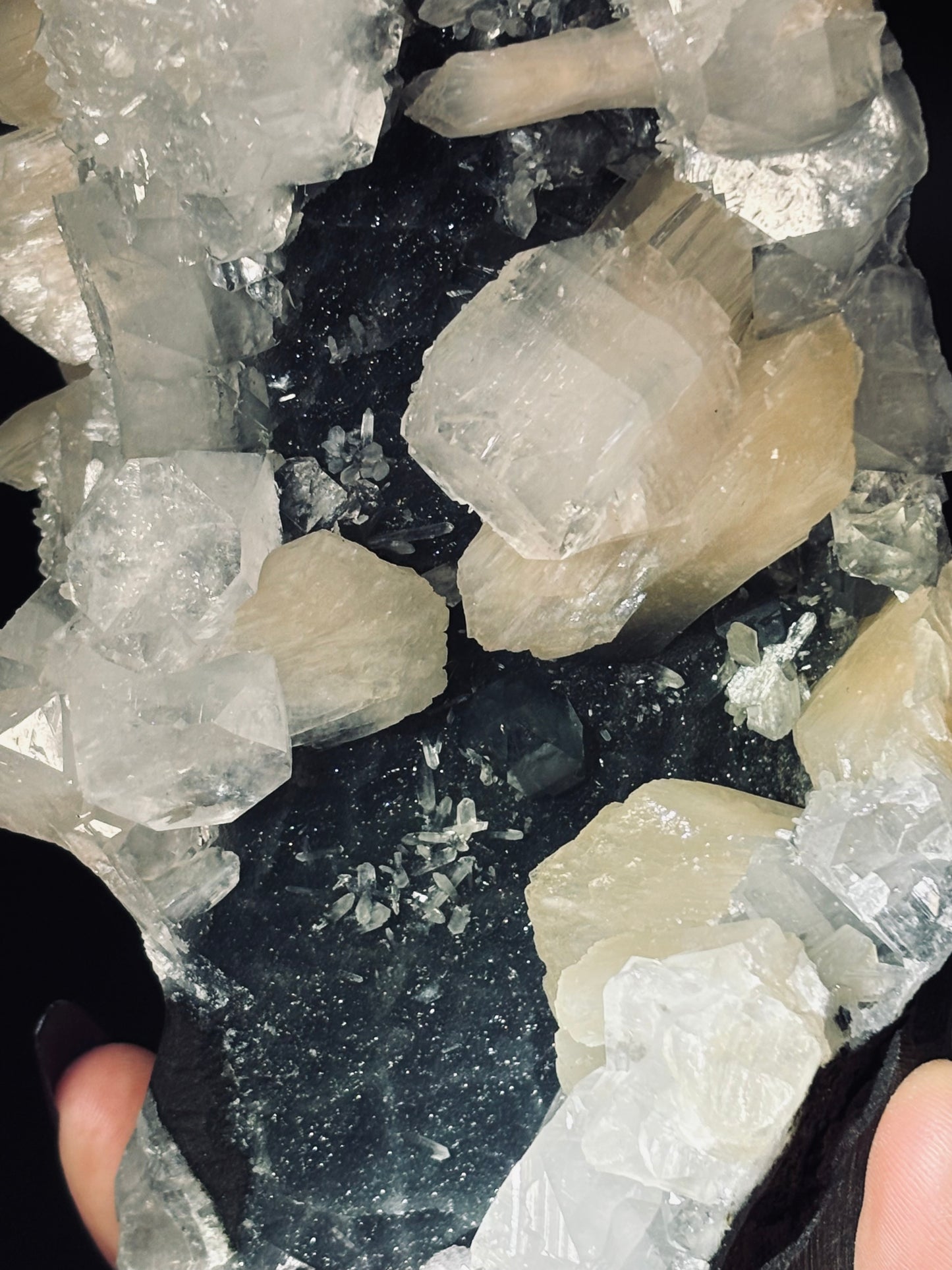 Black Chalcedony with Cubic Apophyllite & Peach Stilbite Statement Specimen -Self Standing