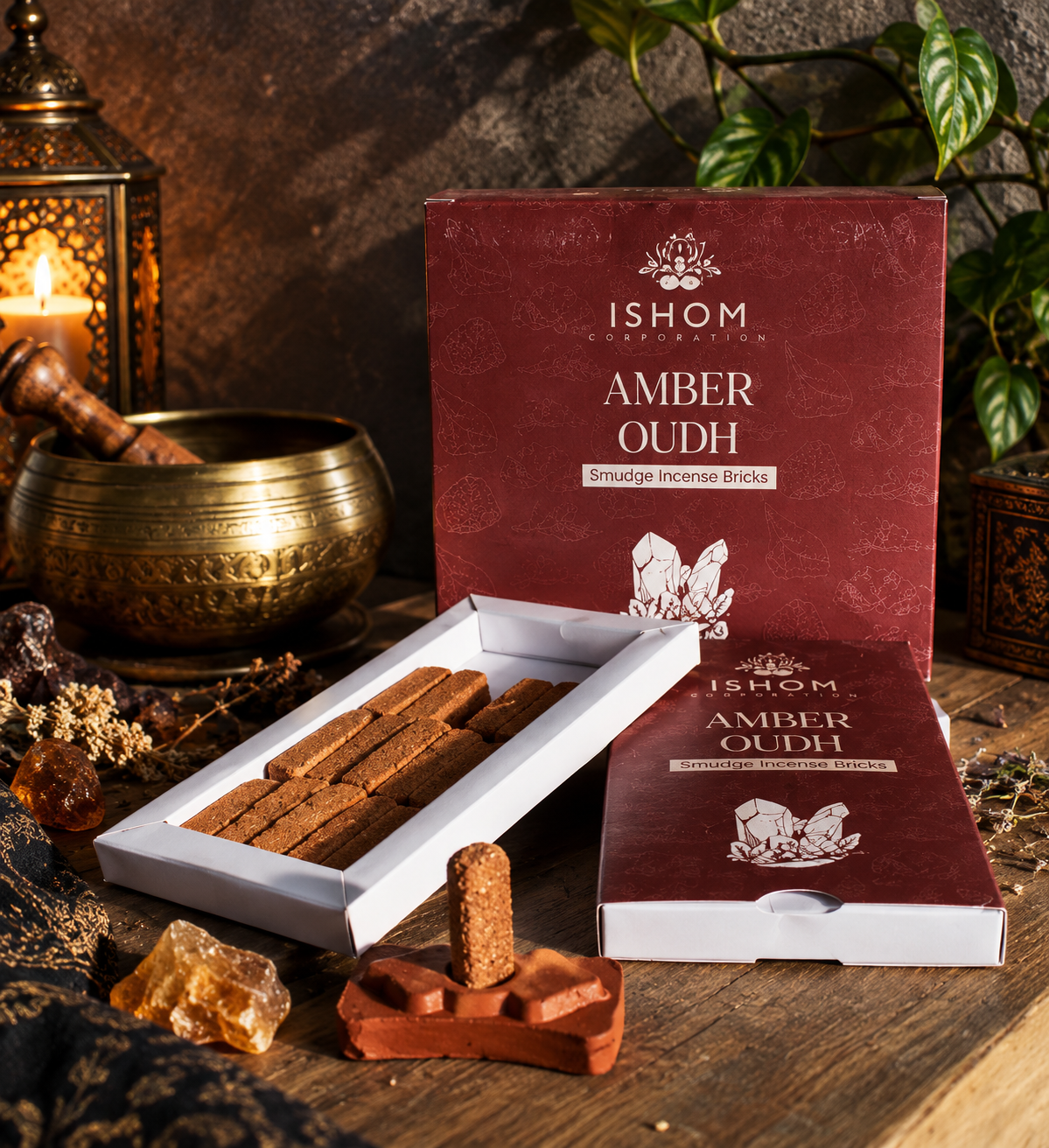 ISHOM Amber Oudh | Incense Bricks & Burner