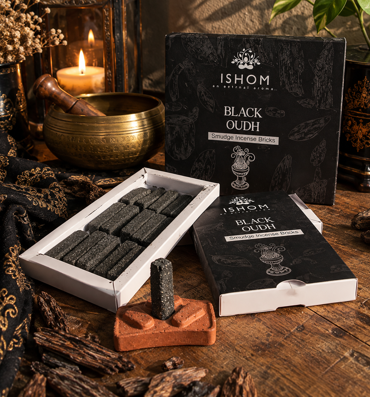 ISHOM Black Oudh | 15 Incense Bricks & Burner