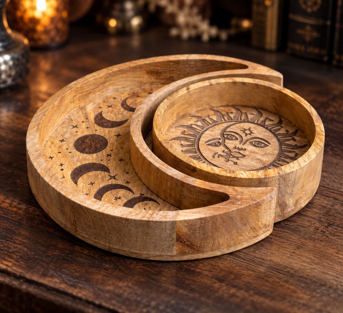 Sun & Moon | Carved Mango Wood Altar Tray Set