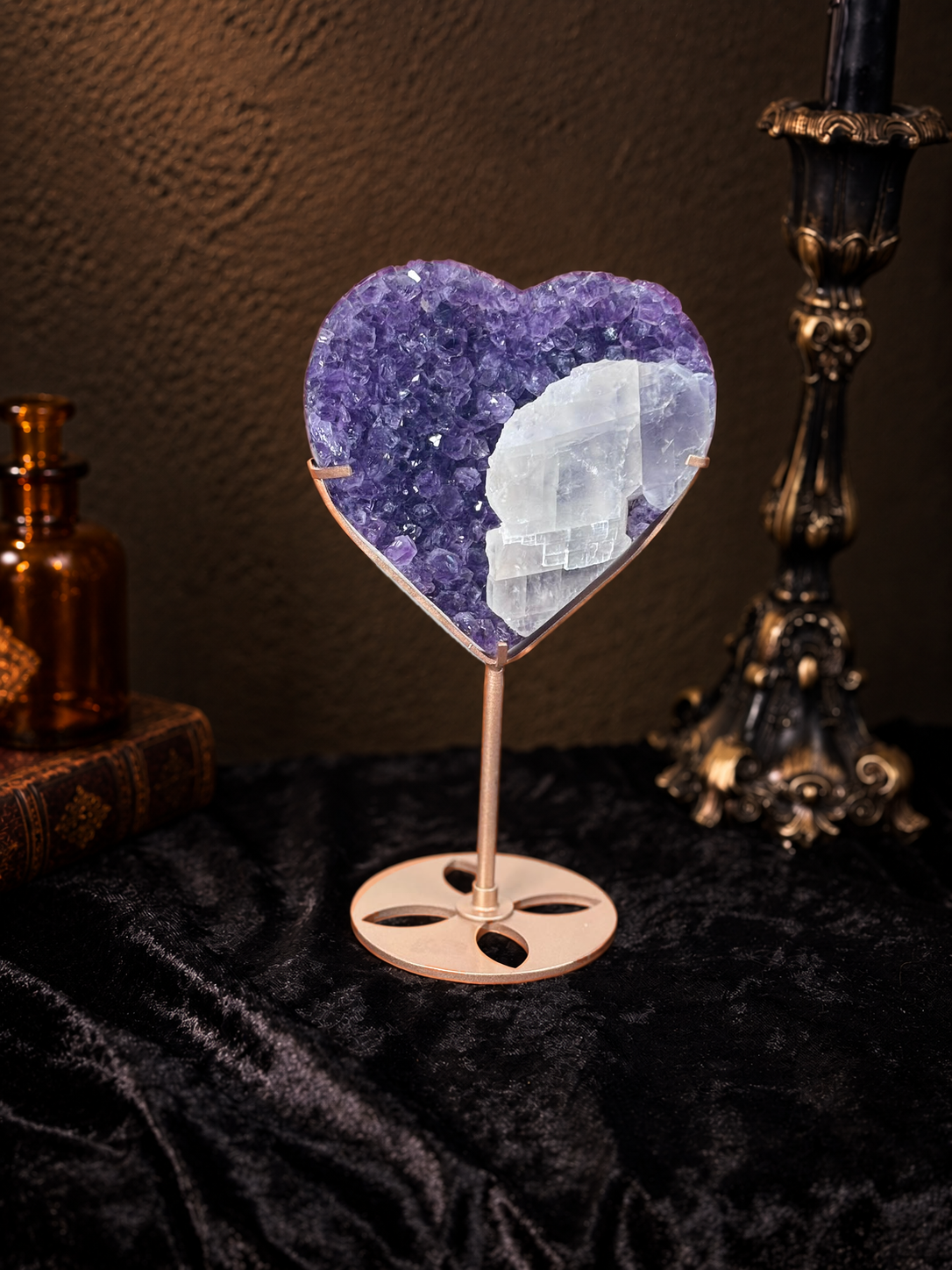 Brazilian Amethyst & Calcite Heart Specimen on Stand