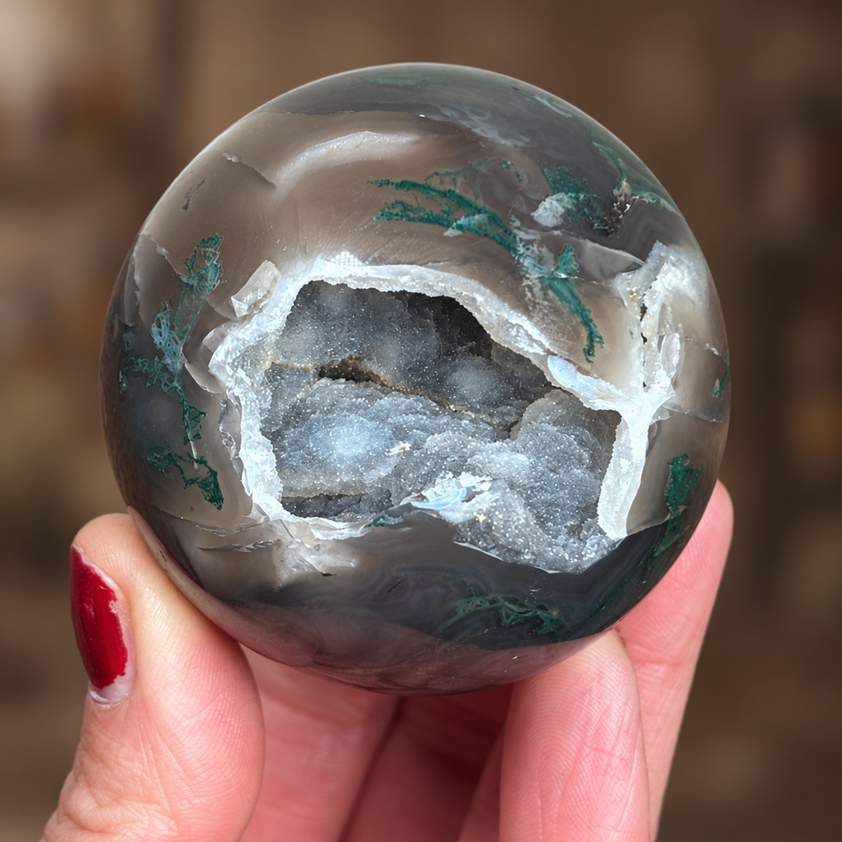 Moss Agate Sphere with Sugar Druzy Geode