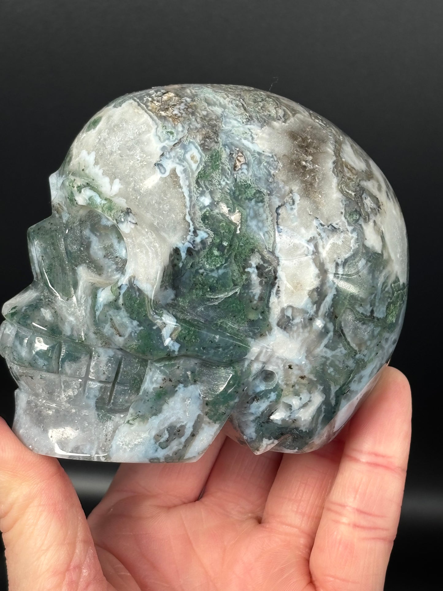 Moss Agate Skull – Large Statement Carving (738g)