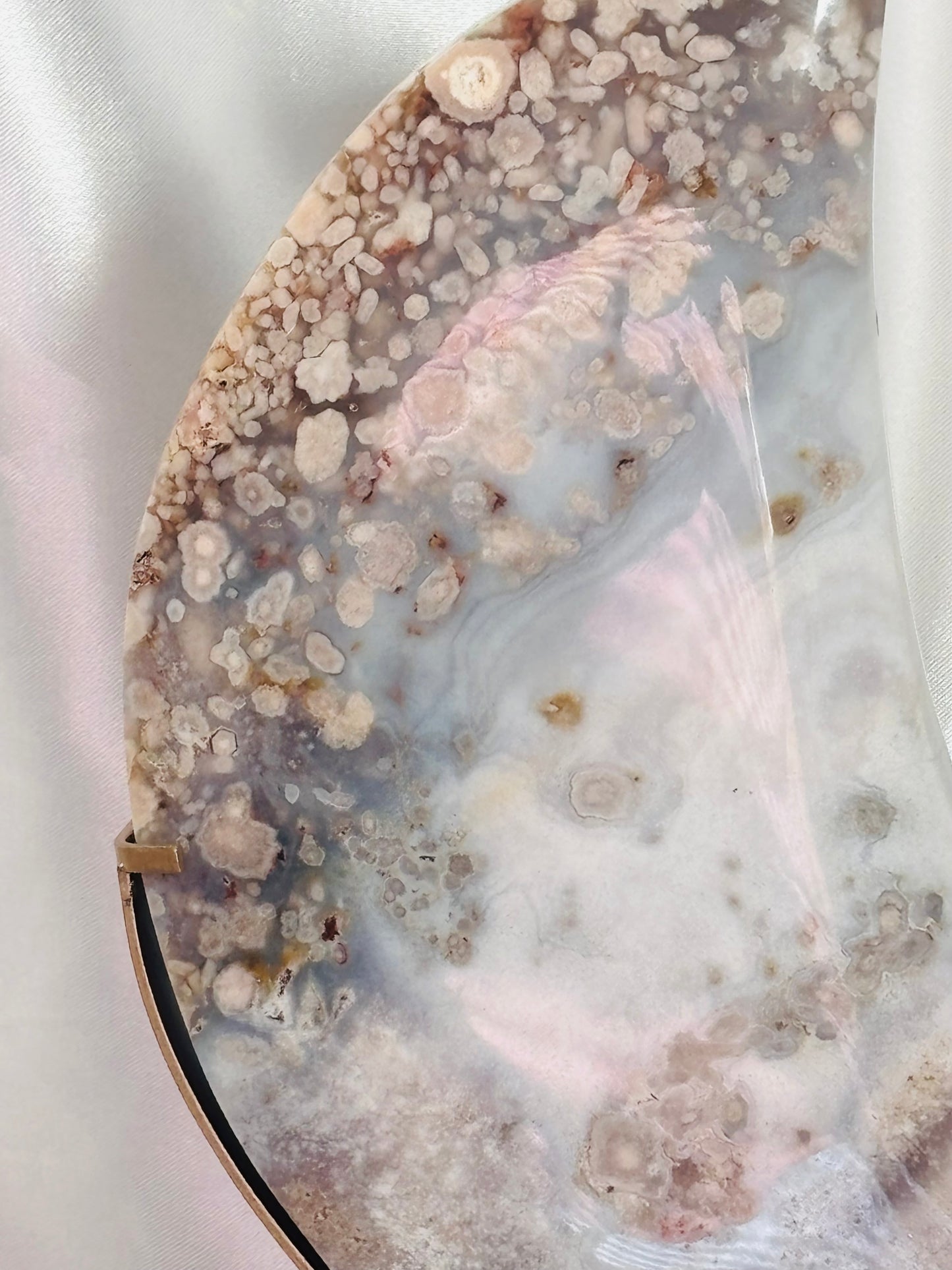 XXL Pink Amethyst & Flower Agate Moon on Custom Gold Stand