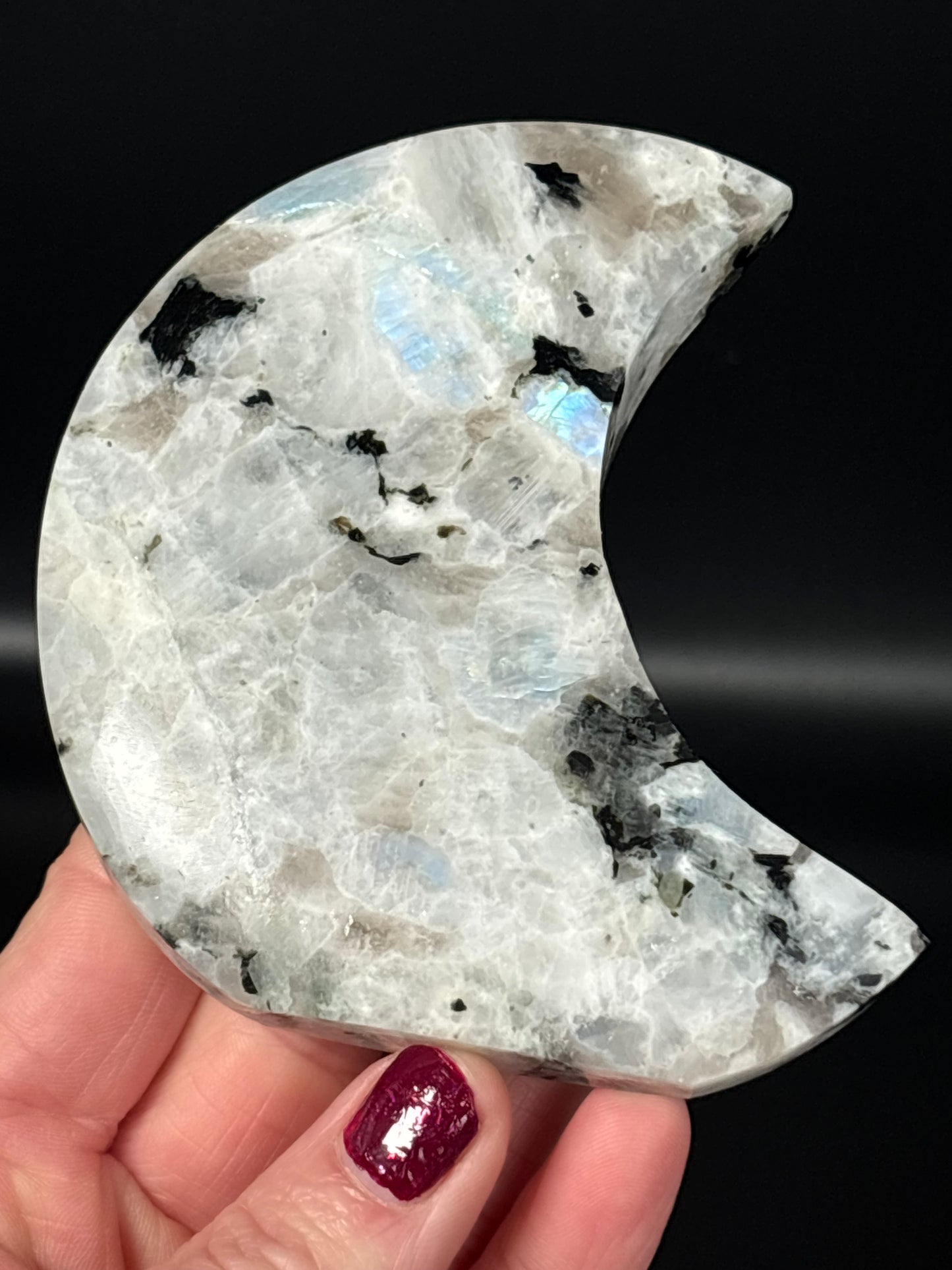 Rainbow Moonstone Crescent Moon (India) – Strong Flash Self-Standing Carving