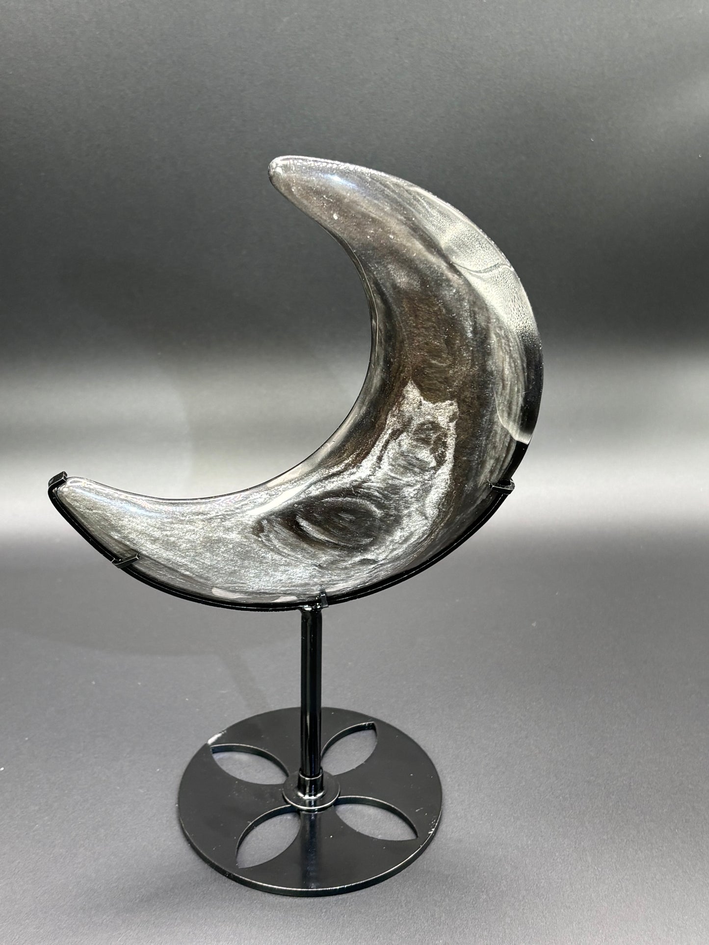 Silver Sheen Obsidian Crescent Moon with Stand Statement Piece