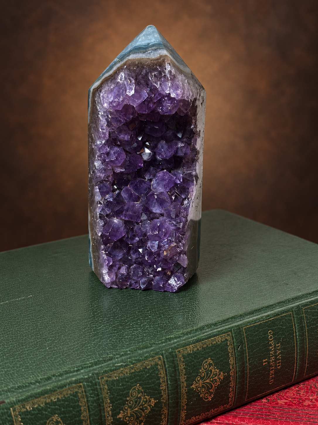 Brazilian Deep Purple Amethyst Geode Tower with Green Jasper