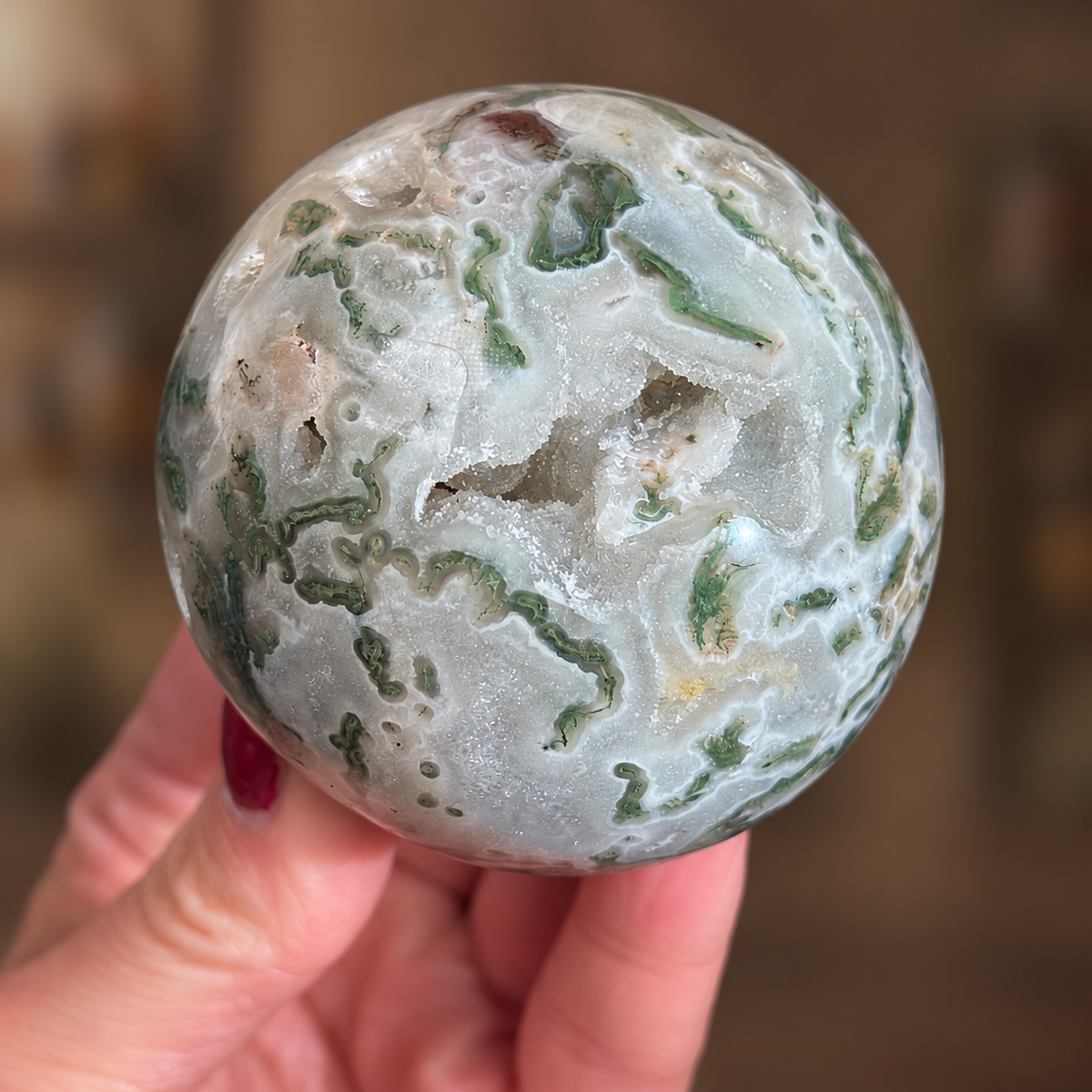 Colourful Moss Agate Sphere with Sugar Druzy