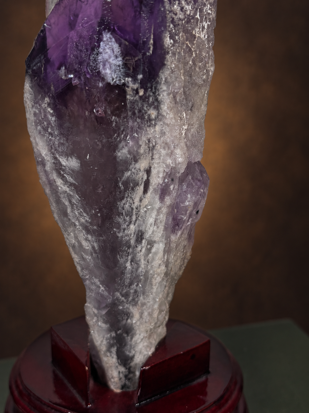 Natural Amethyst Phantom Crystal Point on Wooden Stand