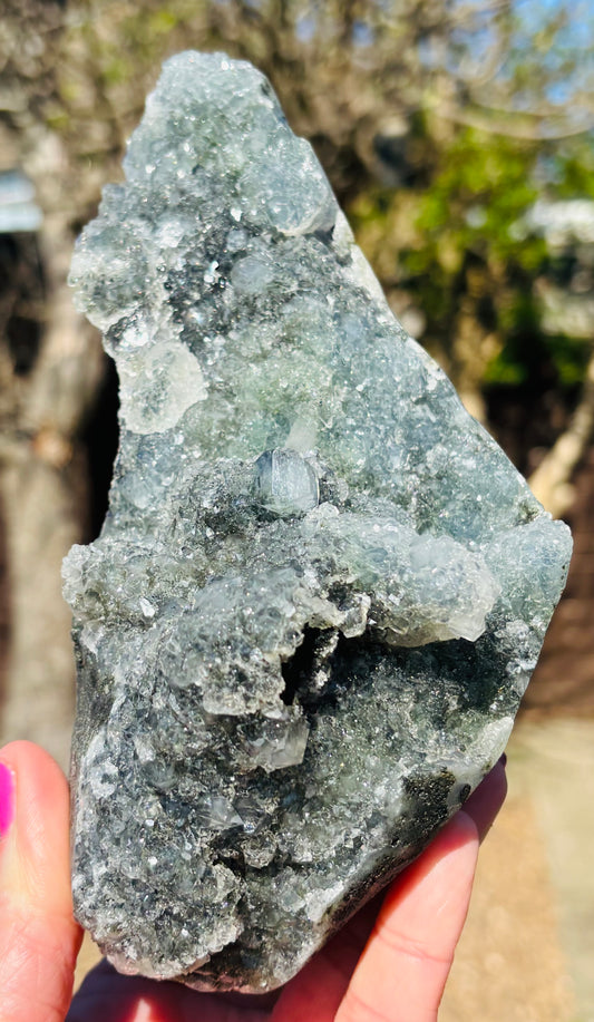 Apophyllite Statement Specimen  Hematite Coated Cubes with Stilbite on Chalcedony