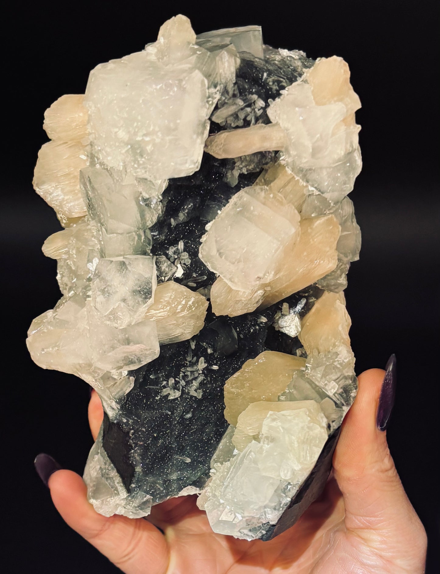 Black Chalcedony with Cubic Apophyllite & Peach Stilbite Statement Specimen -Self Standing