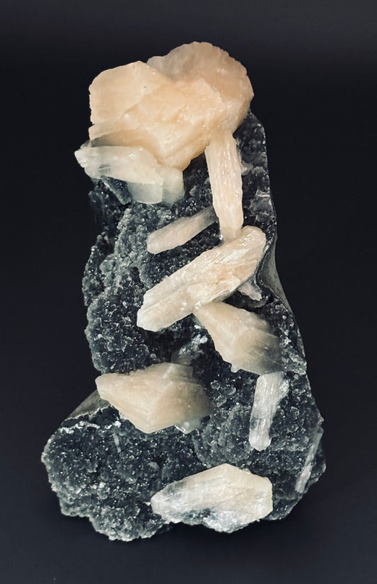 Black Chalcedony with Apophyllite & Peach Stilbite Statement Specimen -Self Standing