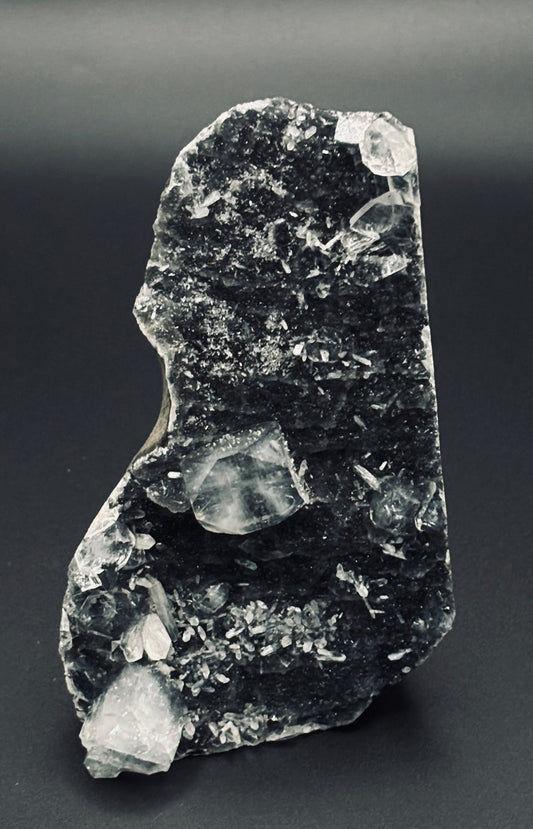 Black Chalcedony with Water-Clear Apophyllite & Peach Stilbite Statement Specimen  Self Standing