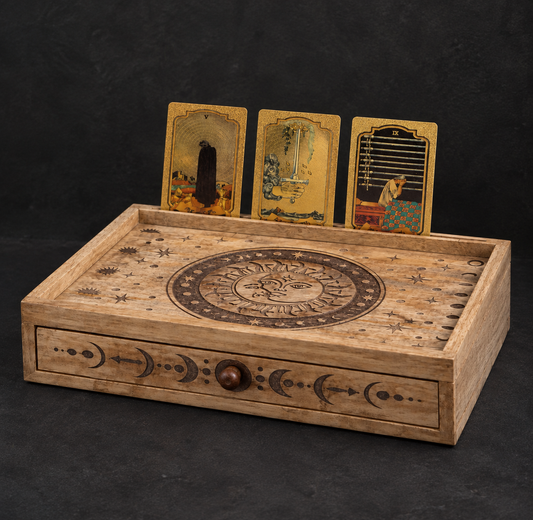 Sun & Moon Carved Tarot Box | Mango Wood with Storage Drawer