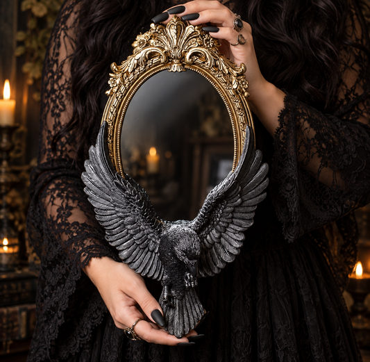 Gothic Raven Mirror /Ornate Antique Gold Frame with Black Raven Wings