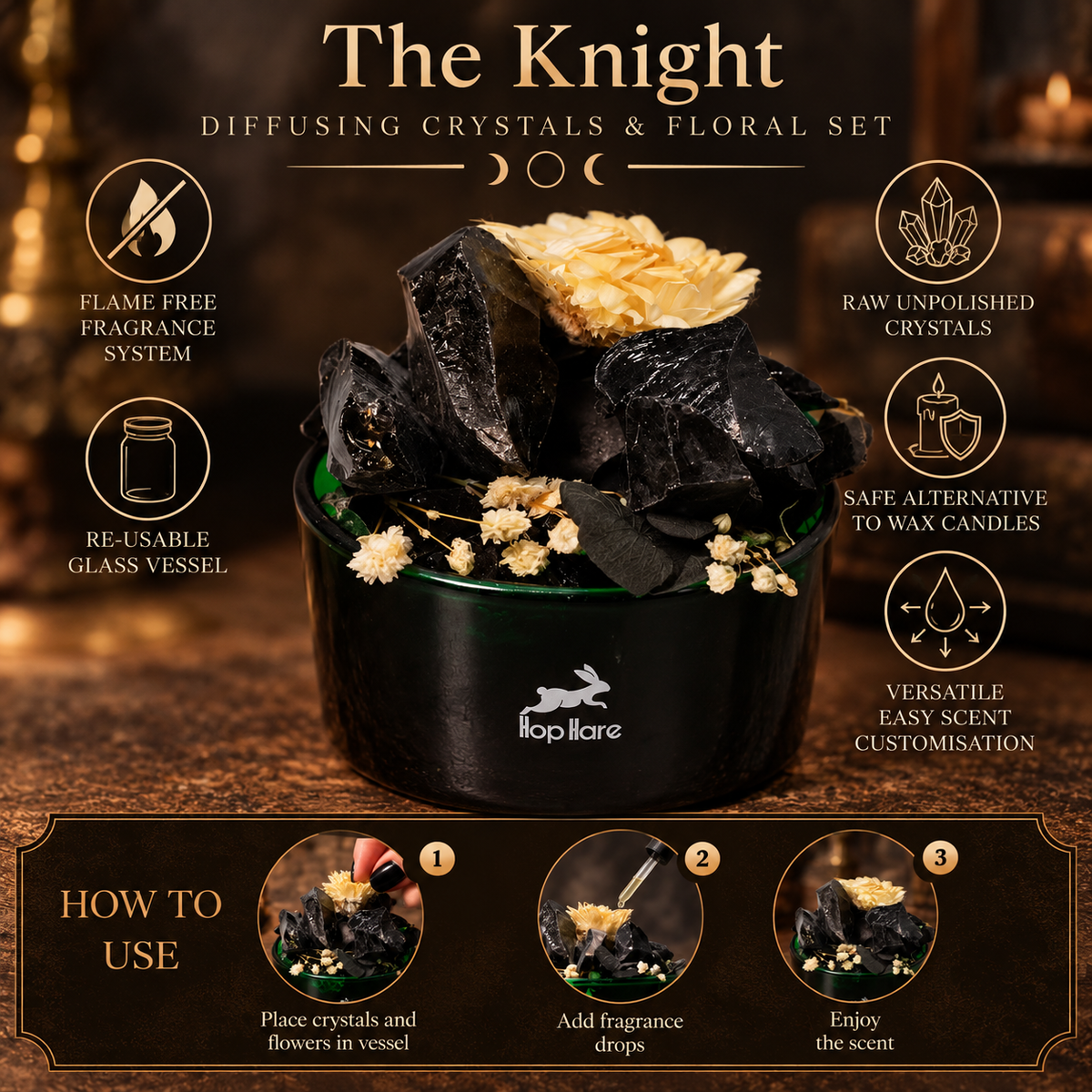 The Knight | Black Obsidian & Dried Florals Crystal Diffuser