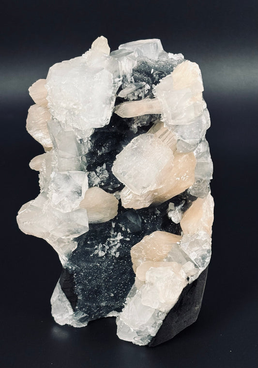 Black Chalcedony with Cubic Apophyllite & Peach Stilbite Statement Specimen -Self Standing