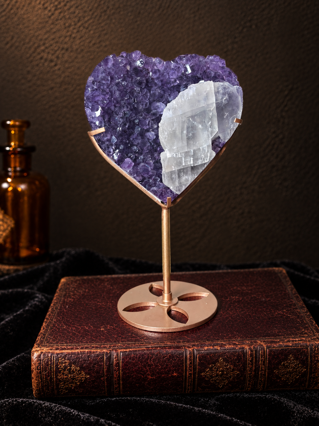 Brazilian purple amethyst heart specimen with large white calcite crystals displayed on a gold-toned metal stand