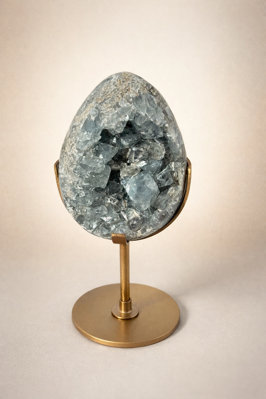 Celestite Egg on Gold Stand – Deep Blue with Rainbow Inclusions