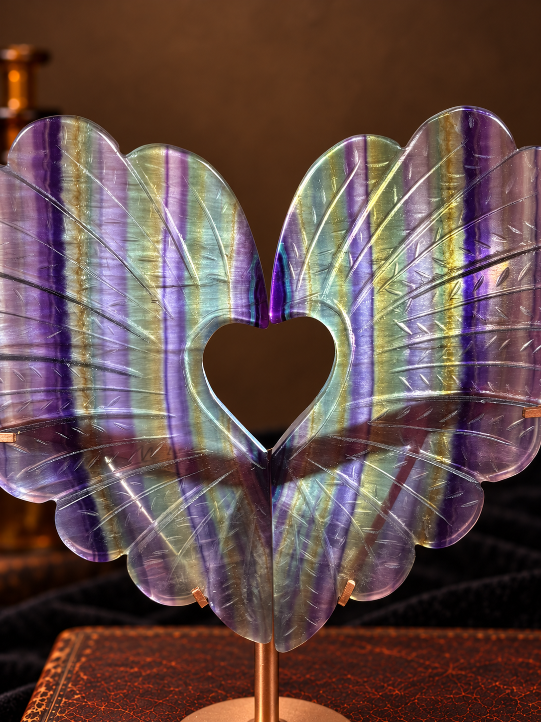 Rainbow Fluorite Angel Wings with Heart