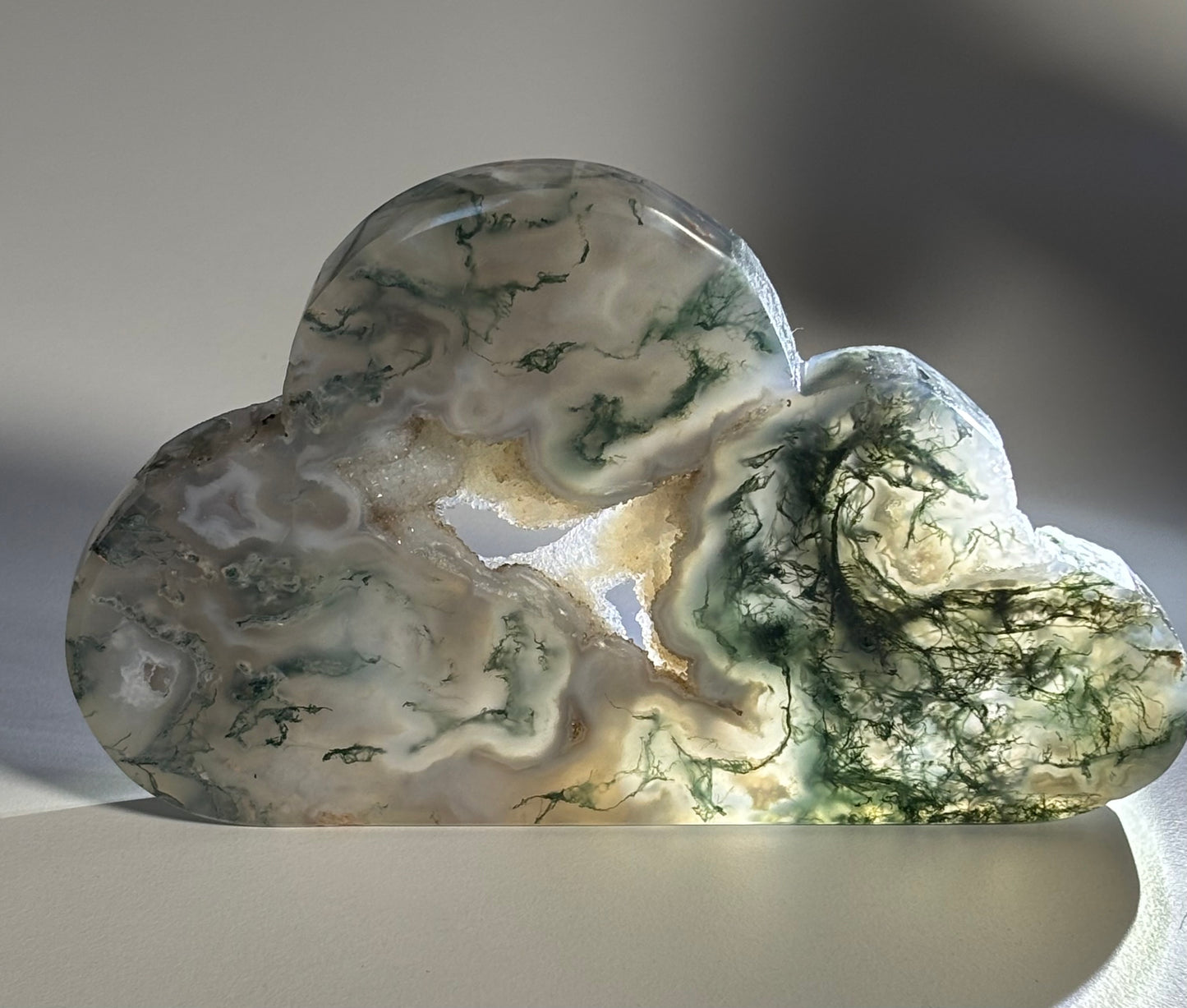 Moss Agate Cloud with Chalcedony Druzy Statement Piece • 294g • 15.3cm Width