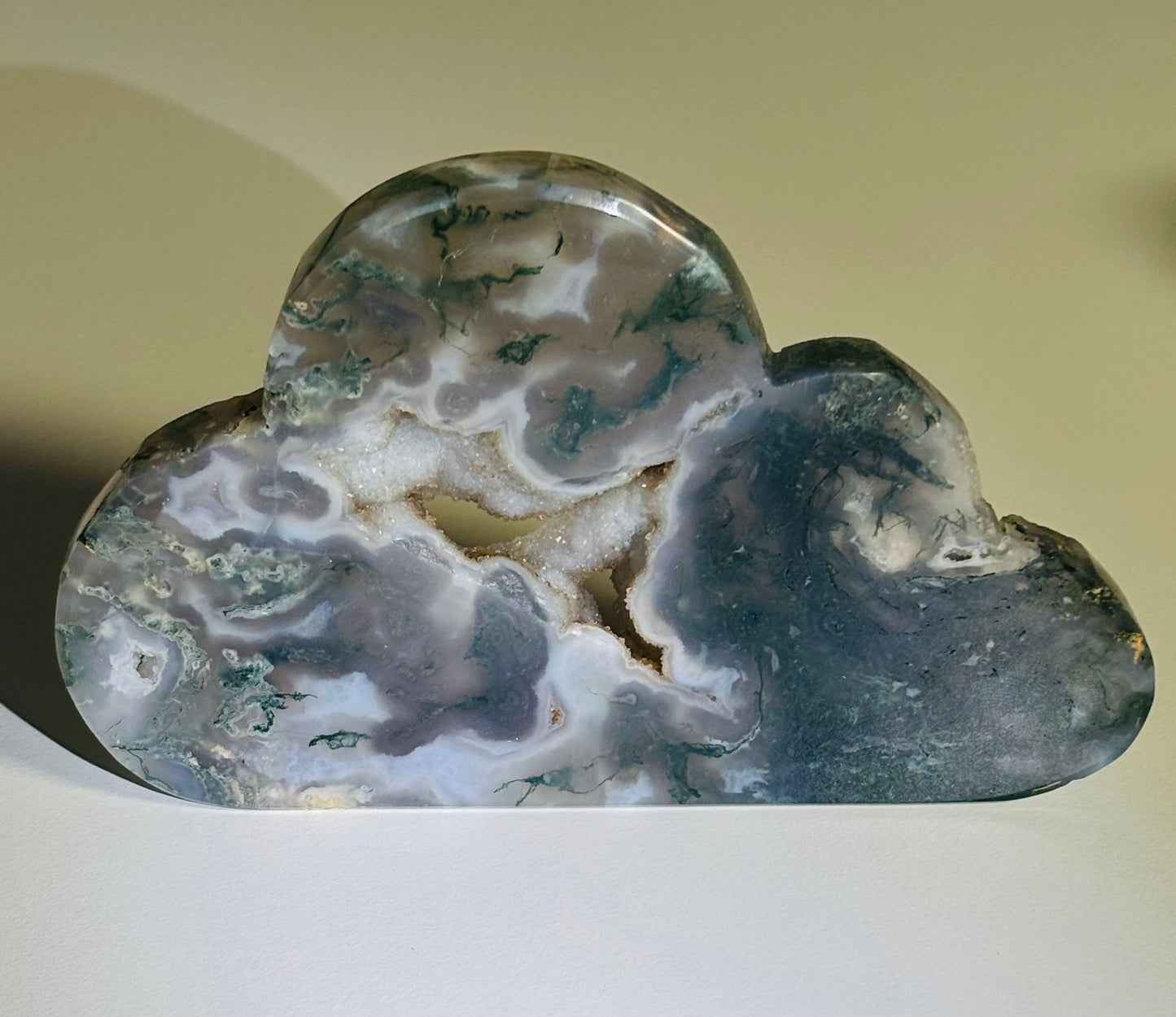 Moss Agate Cloud with Chalcedony Druzy Statement Piece • 294g • 15.3cm Width