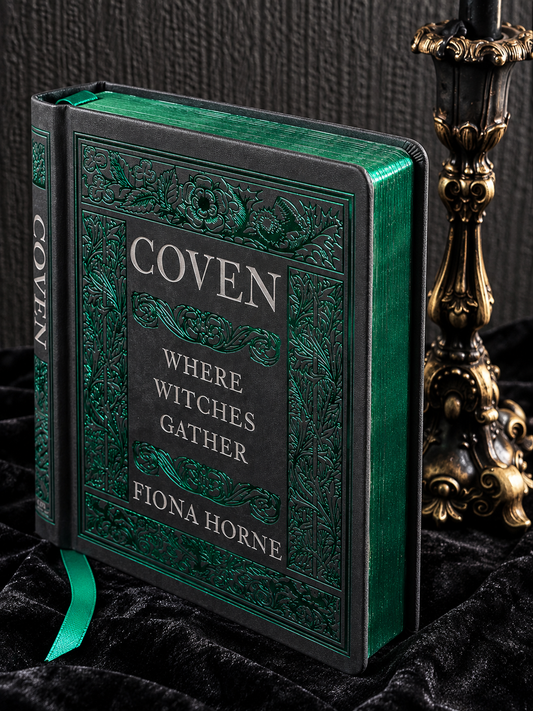 COVEN: Where Witches Gather by Fiona Horne, black hardback book with ornate emerald green detailing, silver lettering and metallic green gilded page edges.
For this product, I'd strongly recommend keeping the angled photograph as the main image. It shows the metallic green page edges, which are a major part of the book's visual appeal.