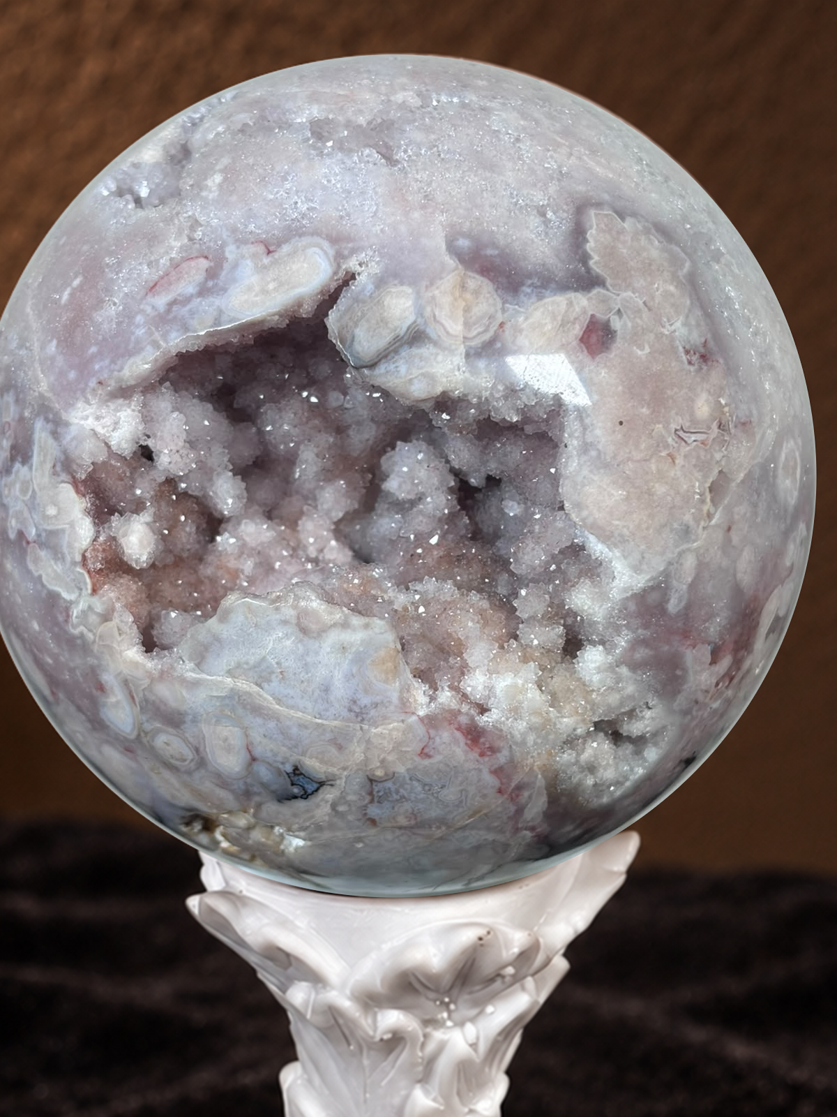 Brazilian Pink Amethyst, Flower Agate & Quartz Druzy Sphere