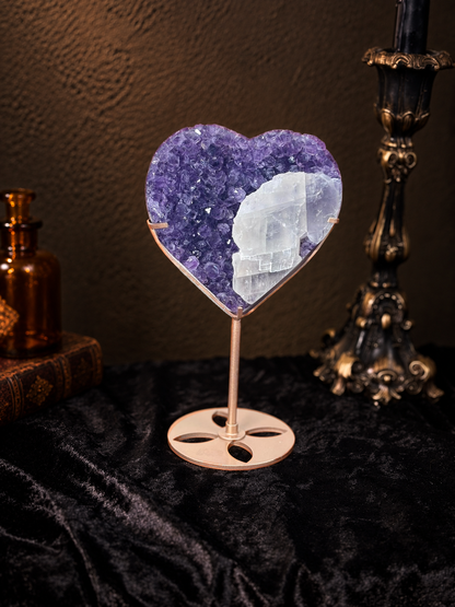 Brazilian Amethyst & Calcite Heart Specimen on Stand