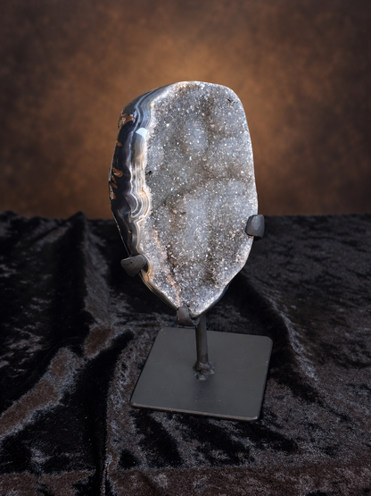 Brazilian Agate with Sparkling Quartz Druzy on Stand