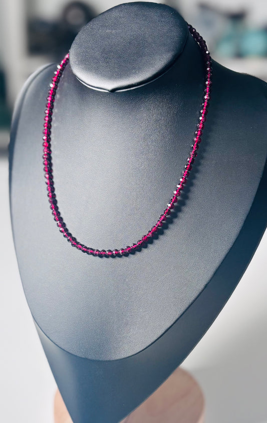 High Grade Faceted Garnet Choker | Natural Deep Red Garnet | 3mm | Gold Clasp