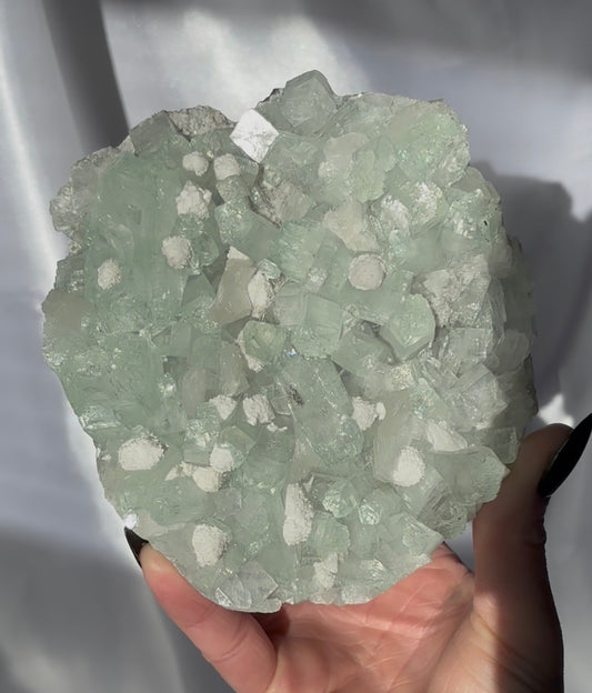 Glassy Green Apophyllite with Okenite Spheres