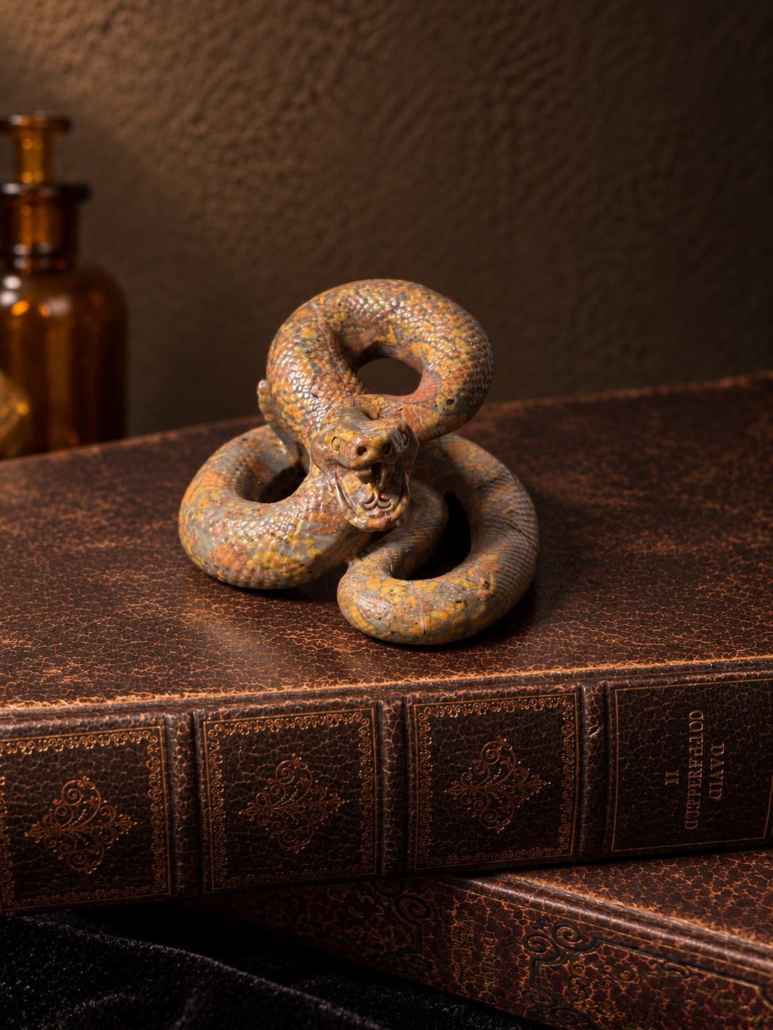 Polished jasper snake carving with raised open-mouthed head, coiled body and earthy orange and grey markings.