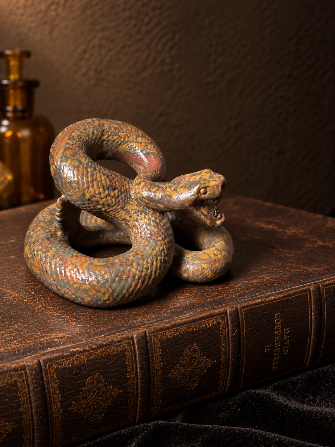 Side view of a coiled jasper snake carving showing detailed scales, open mouth and orange, brown and grey stone patterning.