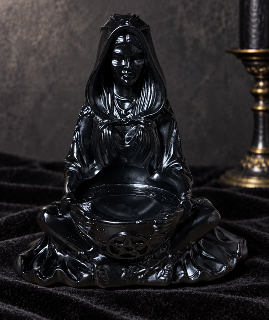 Black Keeper's crystal sphere stand featuring a seated hooded guardian holding a cauldron decorated with a pentacle, shown from the front.