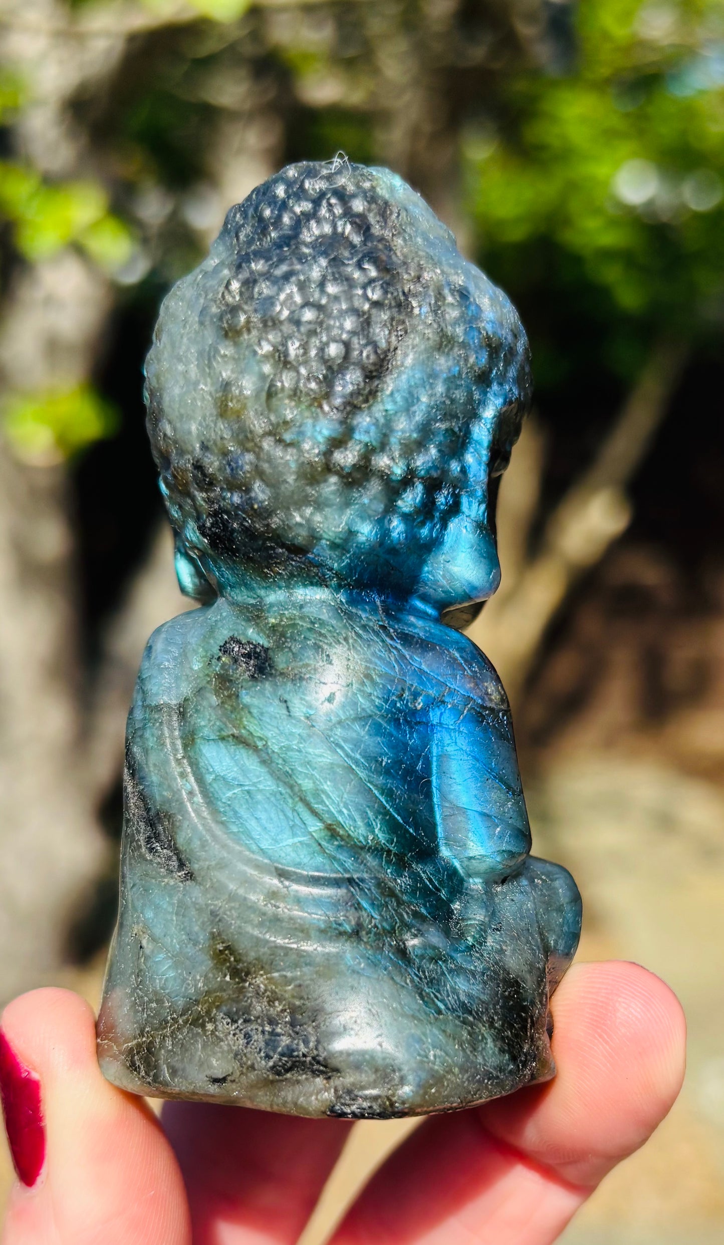 Blue & Green Flash Labradorite Buddha – High Fire Carving 9.5cm
