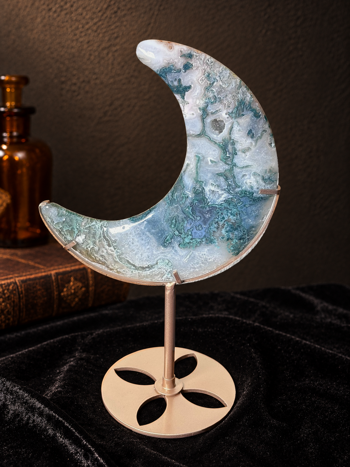 Large green and white moss agate crescent moon with druzy pocket on a custom gold-toned metal stand