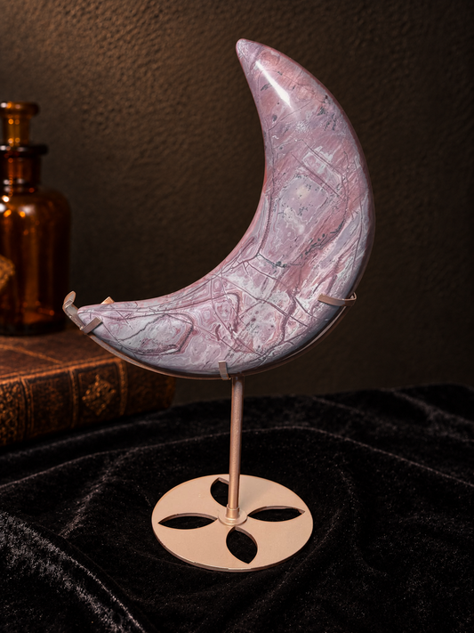 Large Pink Picture Jasper crescent moon with pink and cream natural patterning on a gold-toned stand