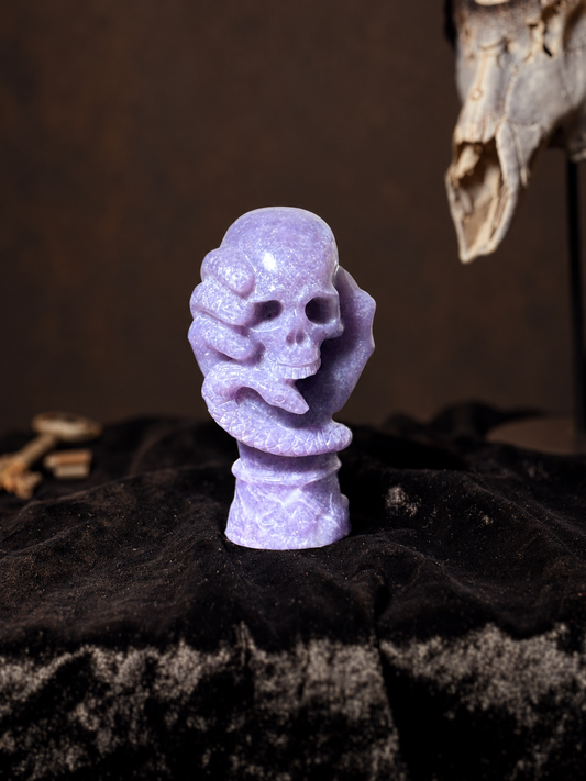 Lepidolite Skull with Serpent & Hand Carving