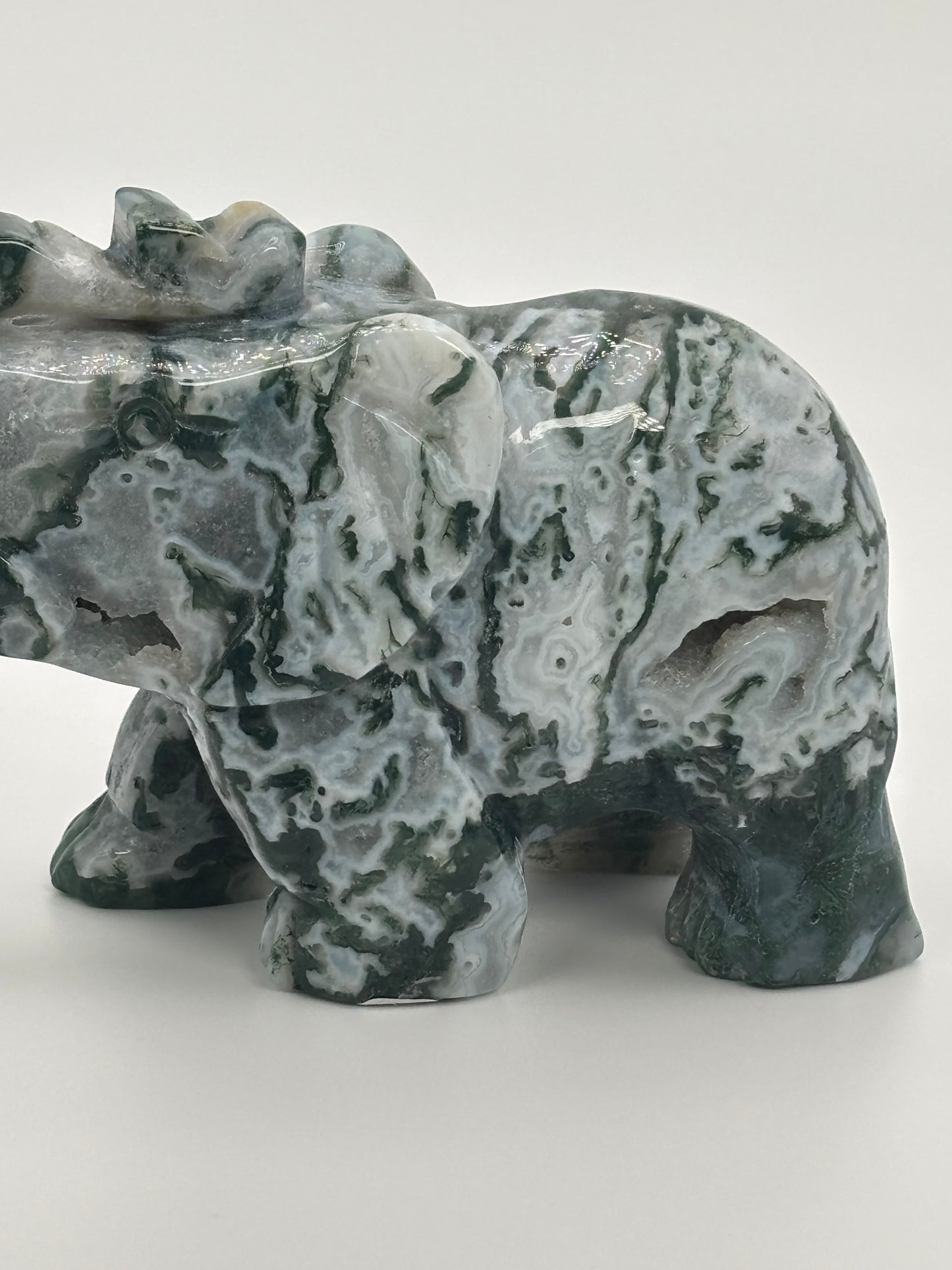 Large Moss Agate Elephant - Grounded Growth Carving