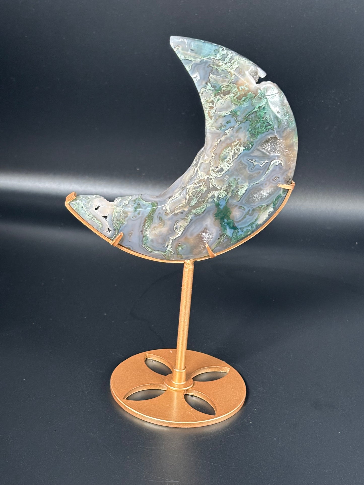 High Quality Moss Agate Druzy Crescent Moon on Gold Stand