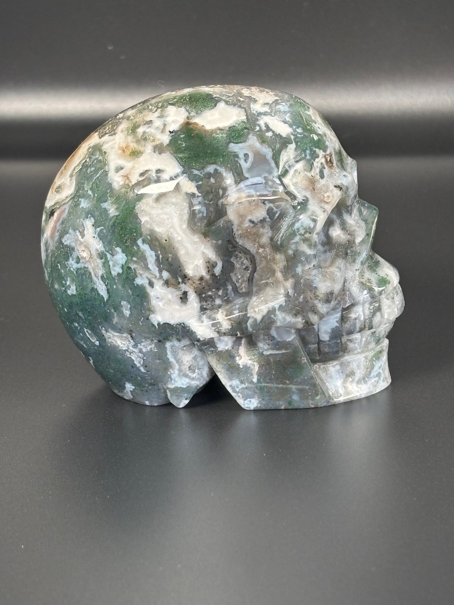 Moss Agate Skull – Large Statement Carving (738g)