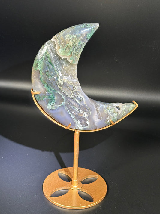 High Quality Moss Agate Druzy Crescent Moon on Gold Stand