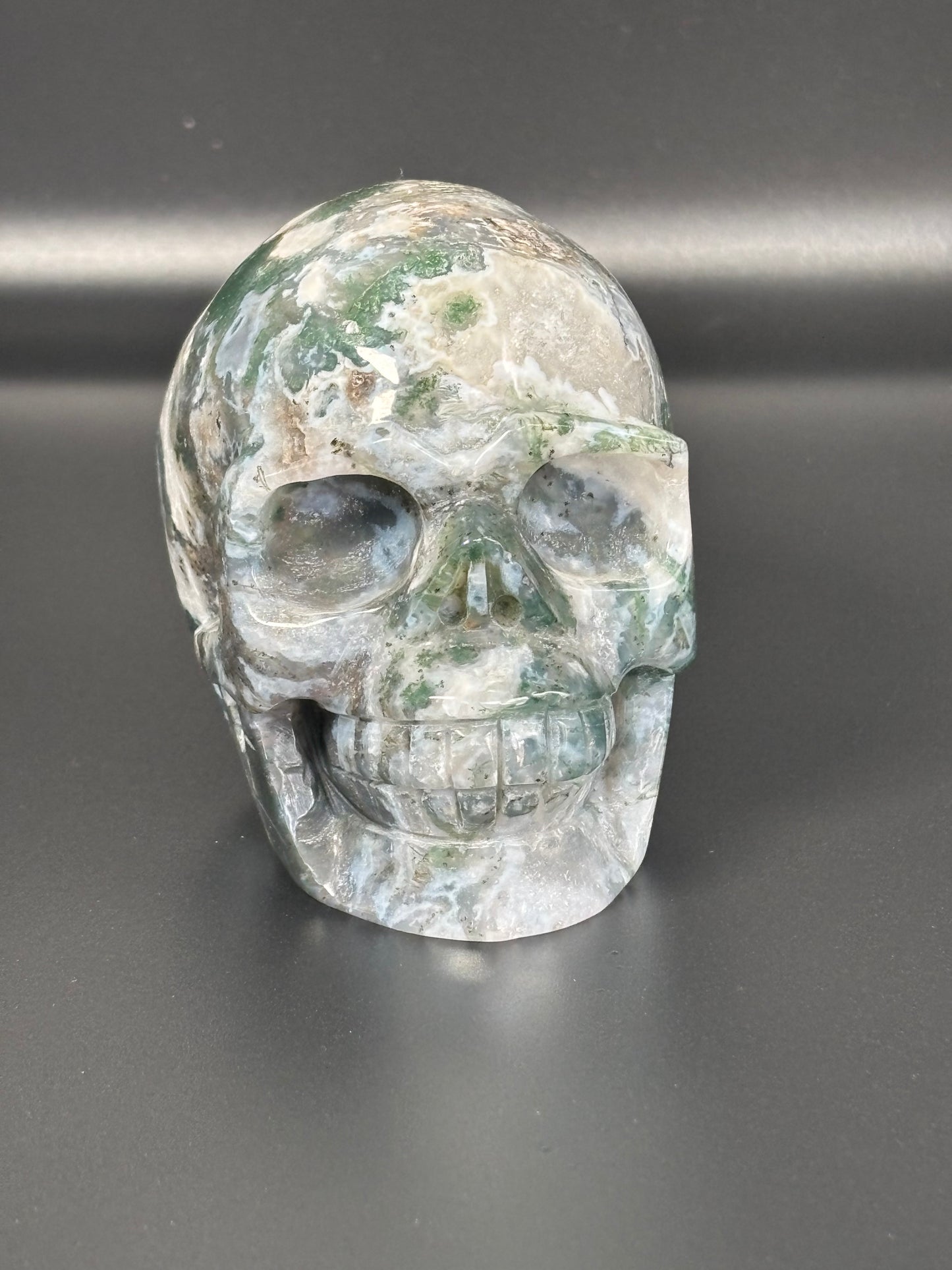 Moss Agate Skull – Large Statement Carving (738g)