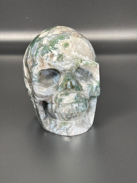 Moss Agate Skull – Large Statement Carving (738g)