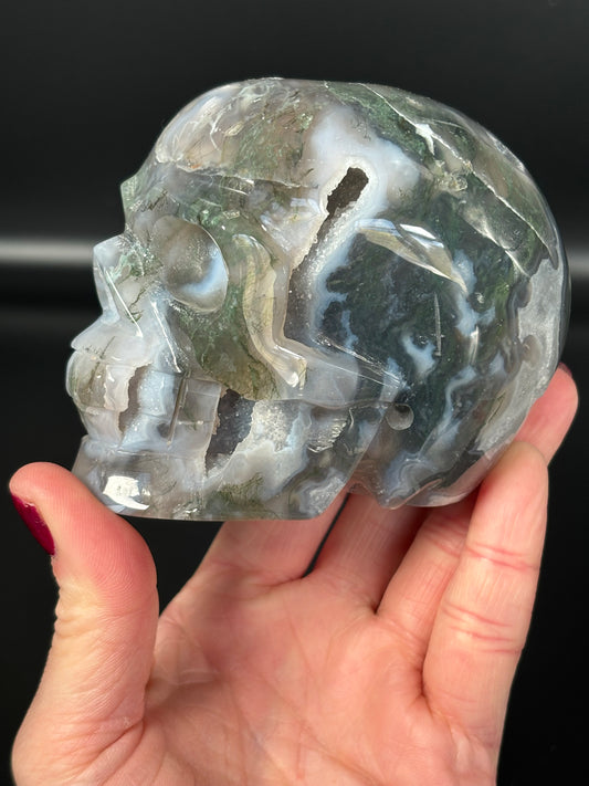 Large Moss Agate Druzy Skull – Statement Crystal (757g)