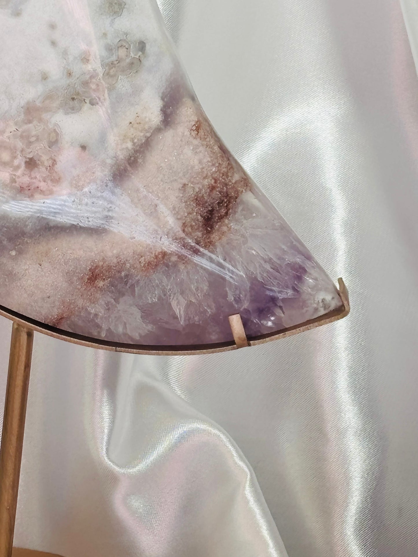 XXL Pink Amethyst & Flower Agate Moon on Custom Gold Stand