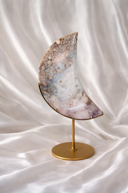 XXL Pink Amethyst & Flower Agate Moon on Custom Gold Stand