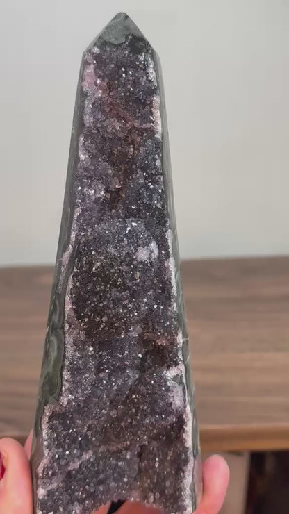 Brazilian Black Amethyst Druzy Obelisk with Agate & Jasper