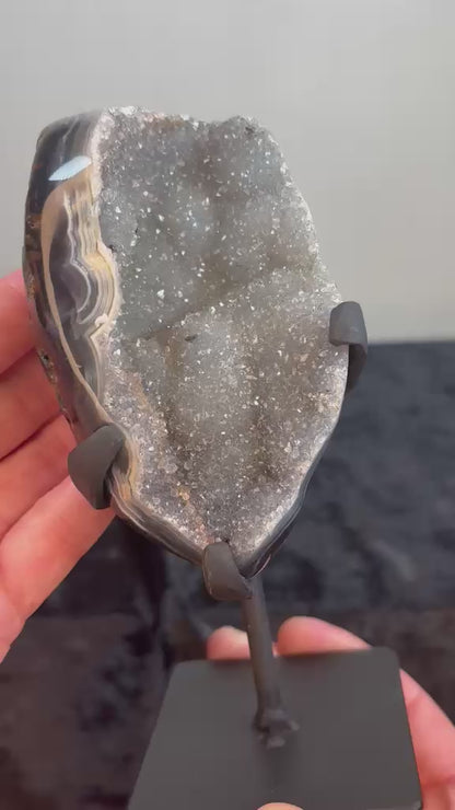 Brazilian Agate with Sparkling Quartz Druzy on Stand